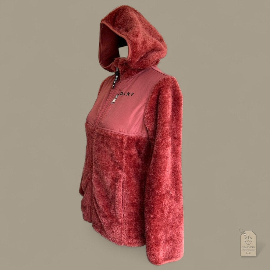 DKNY Sport Girls Faux Fur Hoodie Jacket L 14/16 Coral Rust Zip Front Sherpa Fleece
