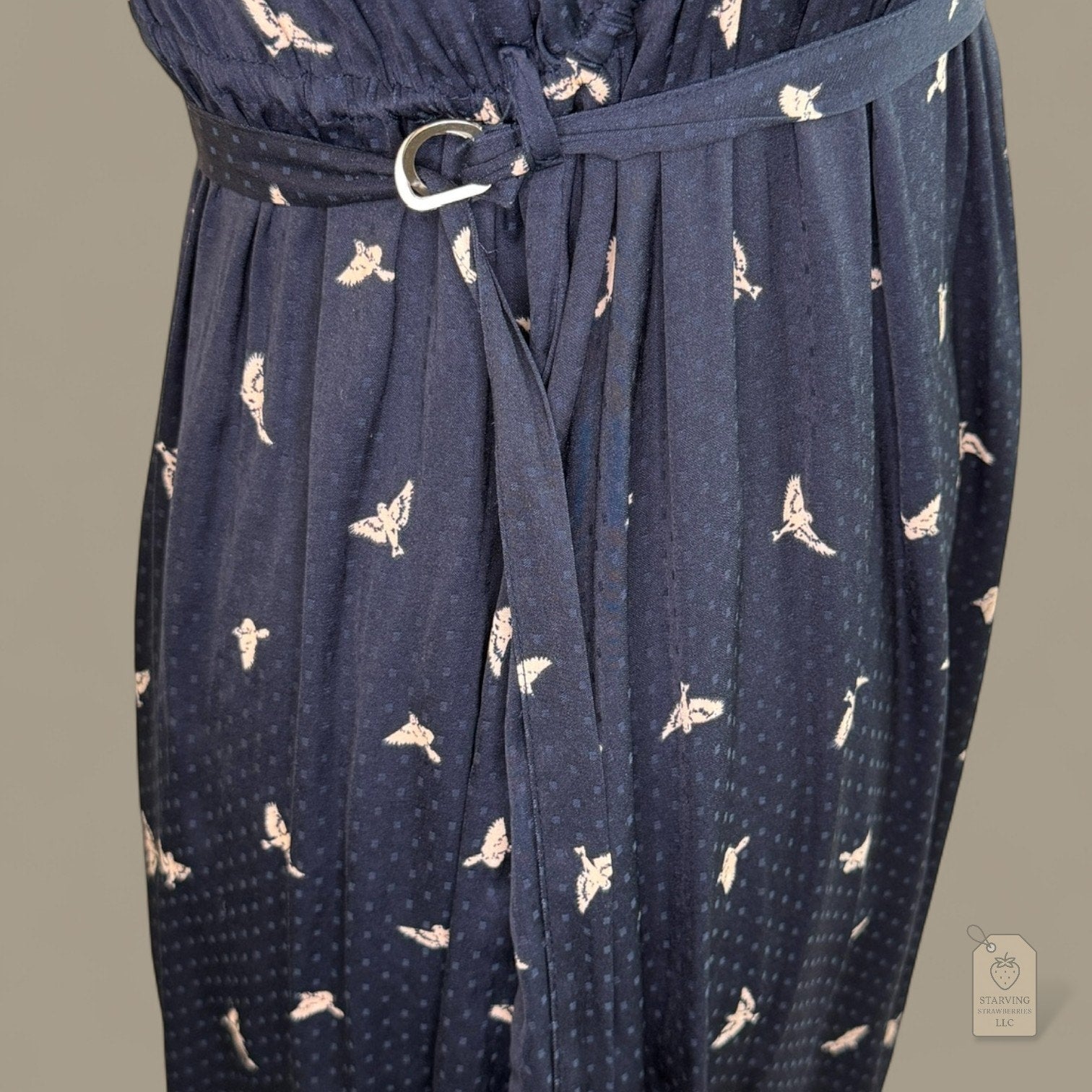 H&M Mama Navy Bird Print Dress | Flutter Sleeve Belted V-Neck | Maternity Small