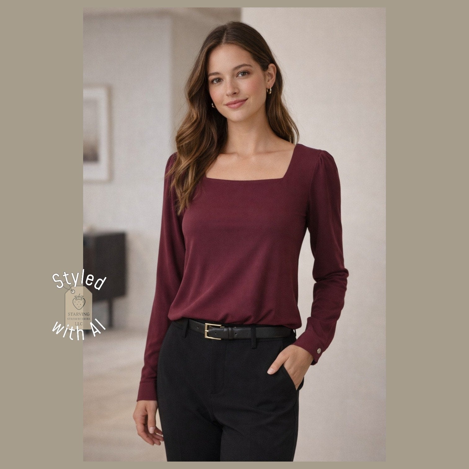 Banana Republic Factory Dark Cherry Crepe Square Neck Top & Button Cuffs