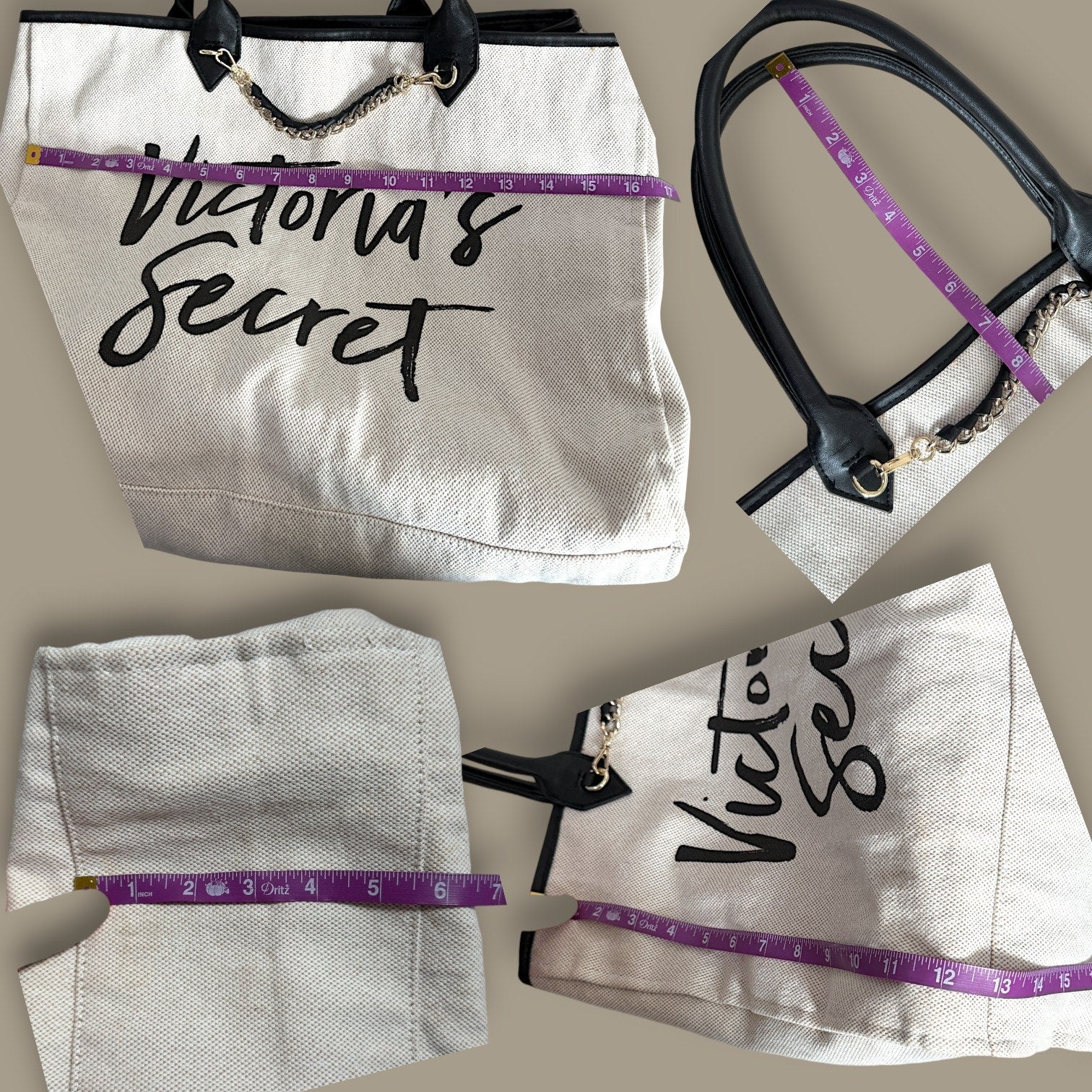 Retro 2017 Victoria's Secret Large Canvas Script Logo Tote w/ Gold Chain Accent
