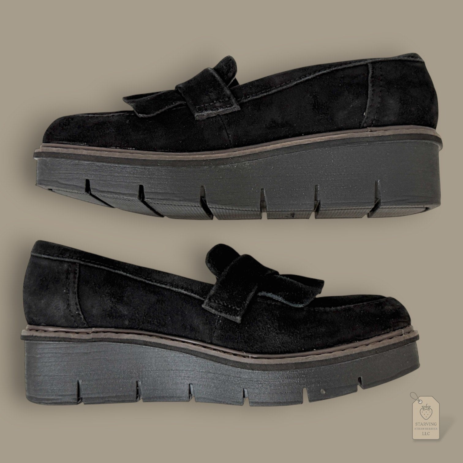 Clarks Collection Black Suede Ruffle Penny Loafers & Ultimate Comfort