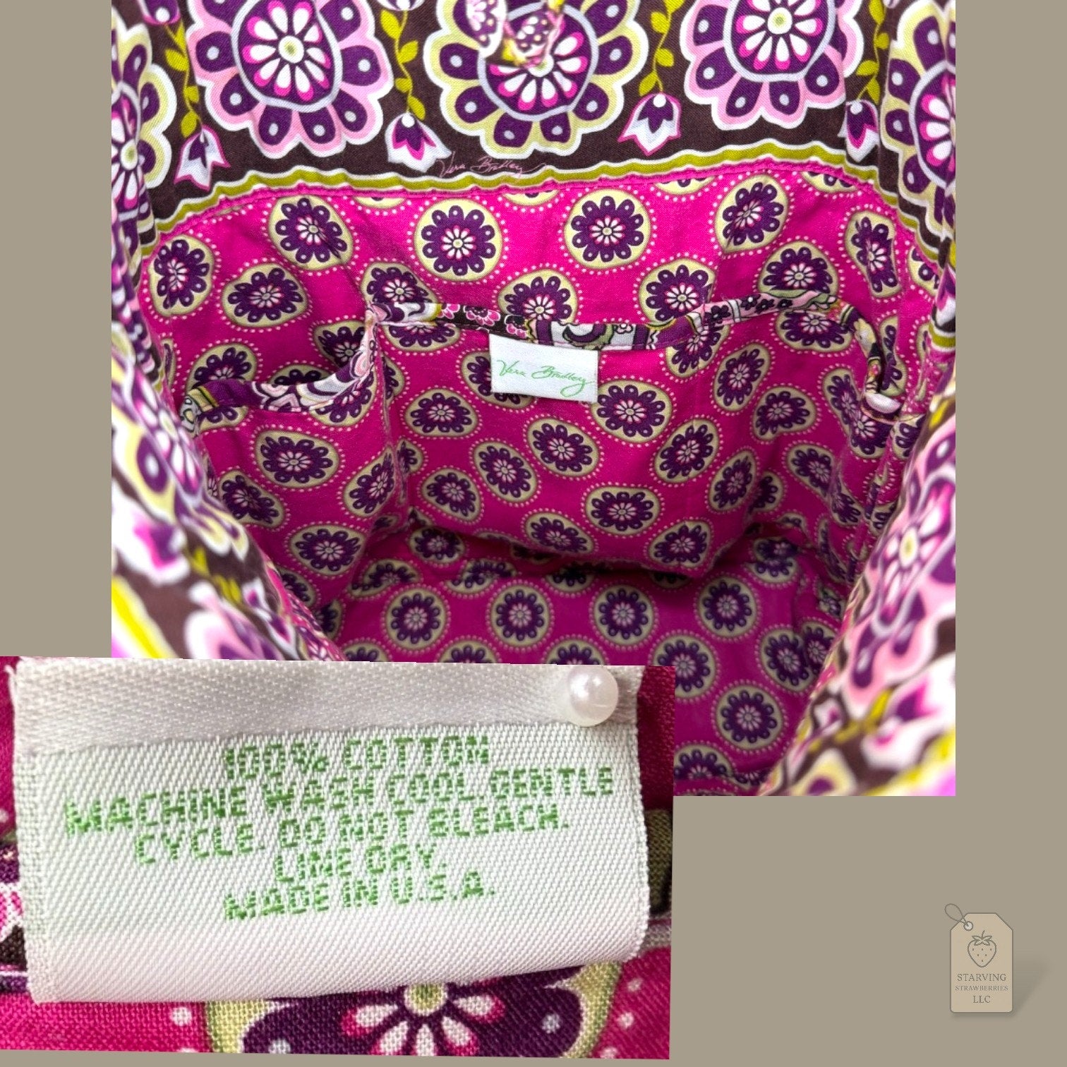 Vera Bradley Quilted Tote Bag Paisley Floral Pink Brown Yellow
