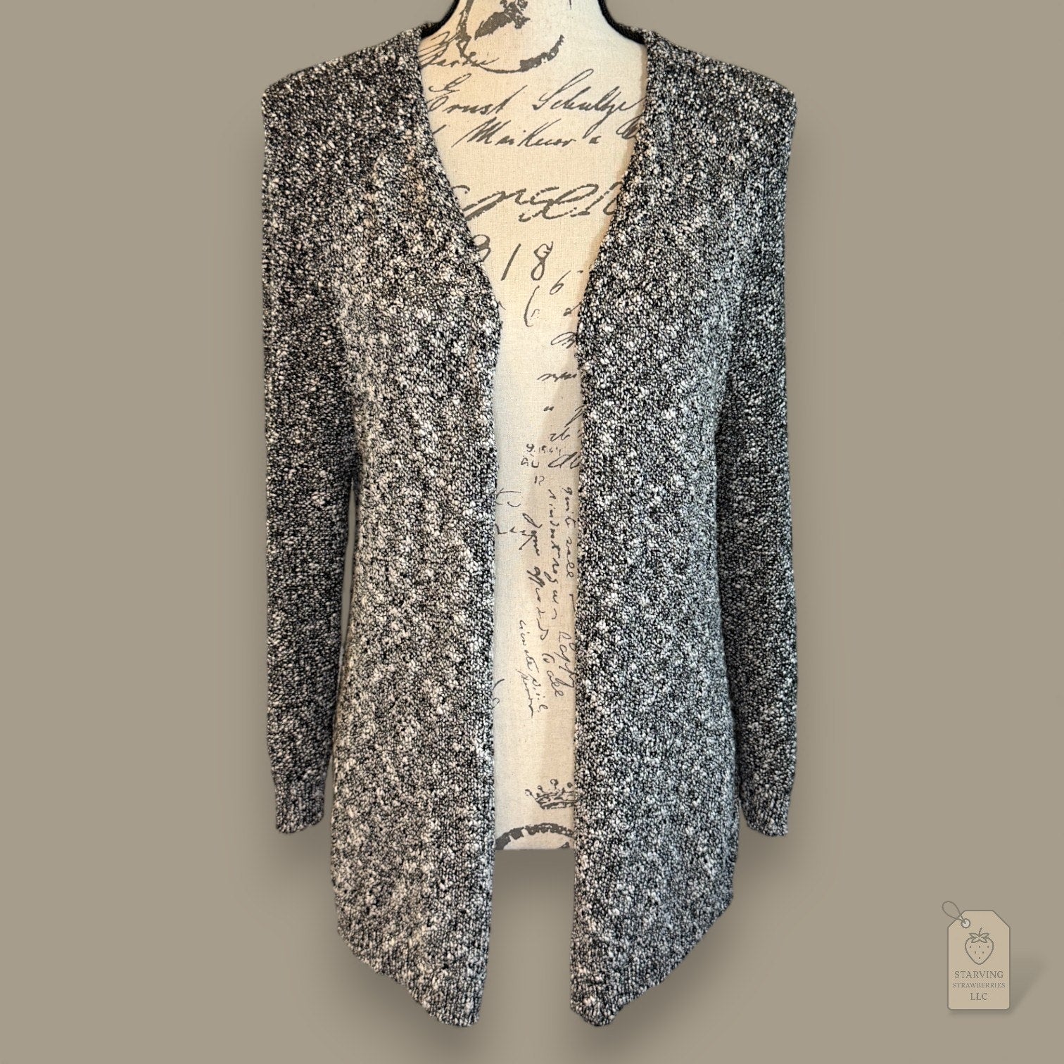 LOFT Marled Open Front Cardigan Sweater Black White Large L Cotton Blend