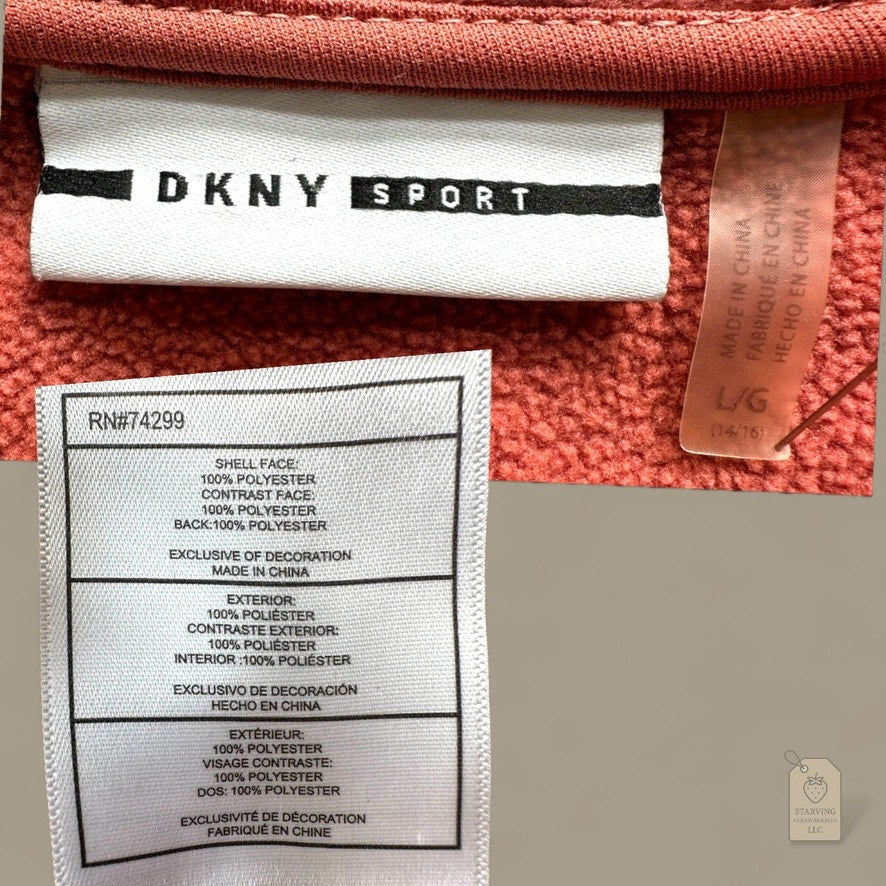DKNY Sport Girls Faux Fur Hoodie Jacket L 14/16 Coral Rust Zip Front Sherpa Fleece