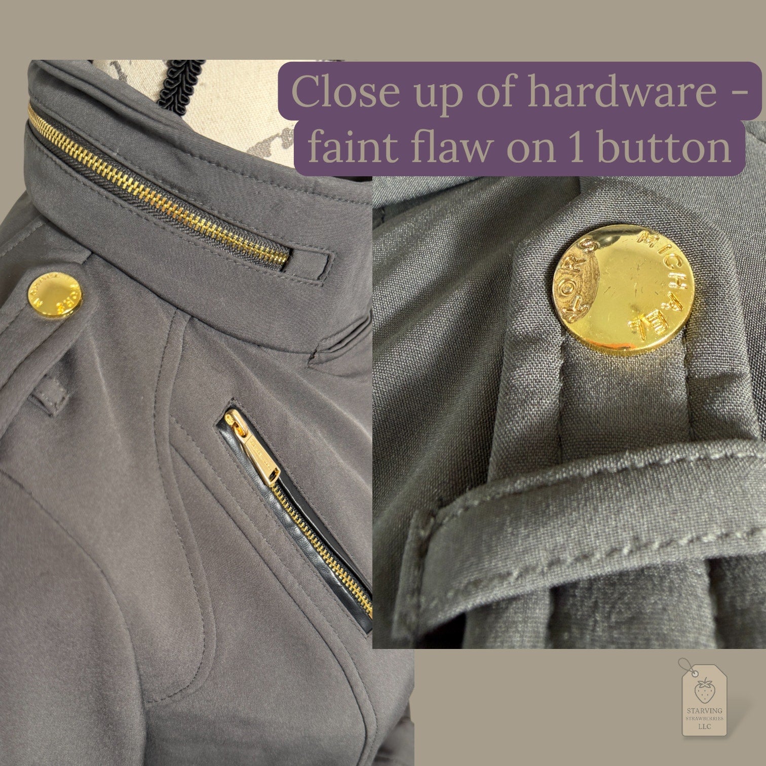 MICHAEL Michael Kors Grey Softshell Trench Coat XS Gold Hardware Faux Fur Lined