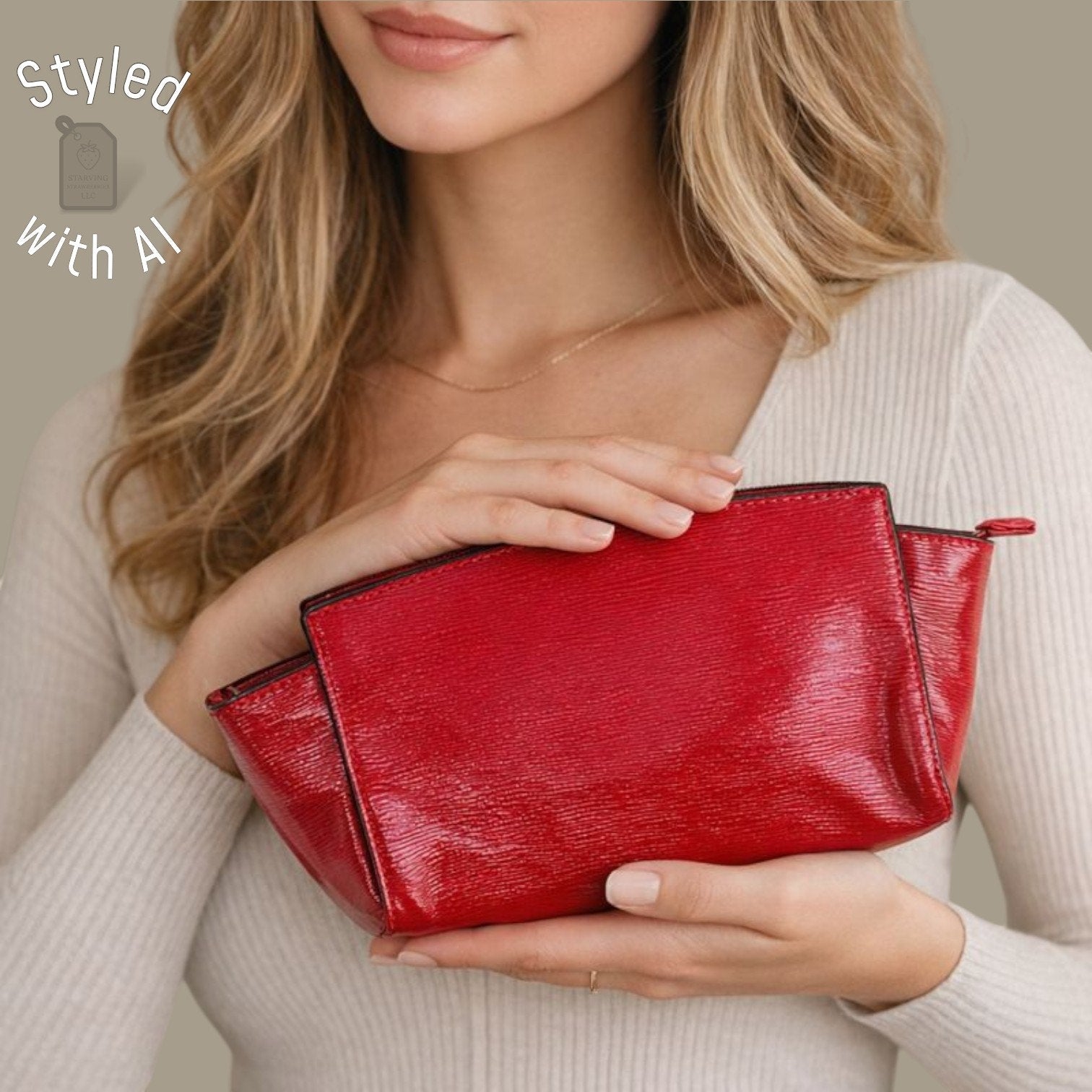 Estée Lauder Red Faux Epi Leather Cosmetic Bag Trapezoid Makeup Pouch L: 10.25"