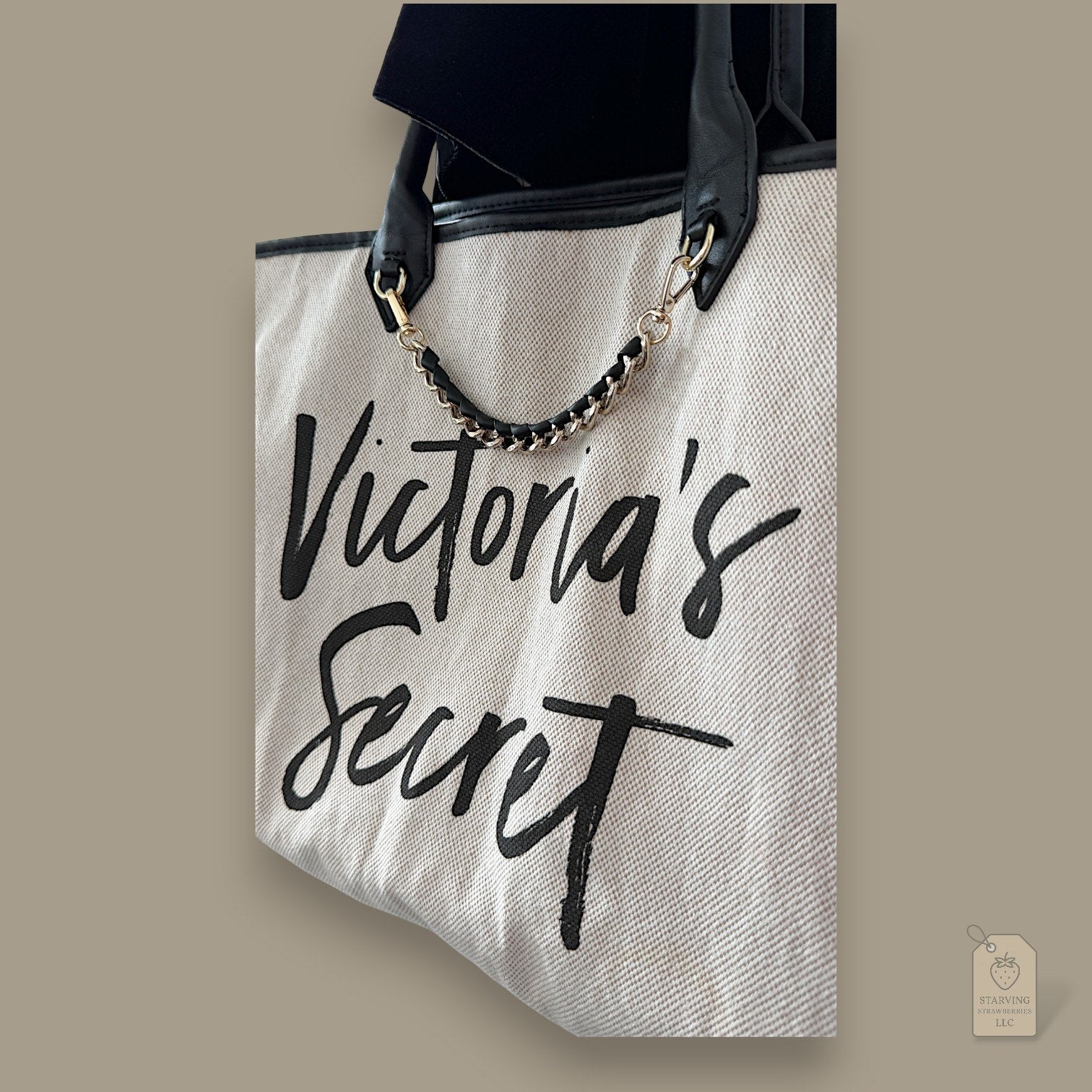 Retro 2017 Victoria's Secret Large Canvas Script Logo Tote w/ Gold Chain Accent