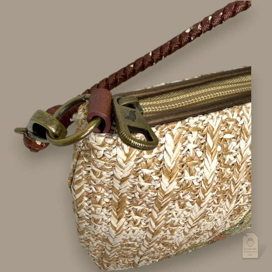 Sakroots Owl Embroidered Straw Crossbody Bag Brown Woven Boho Purse