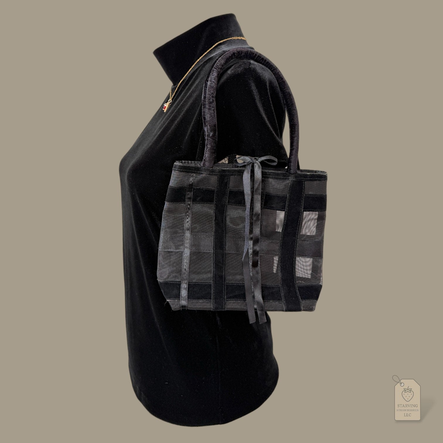 Vintage 90s Victoria's Secret Sheer Mesh & Velvet Ribbon Tote Bag - Black