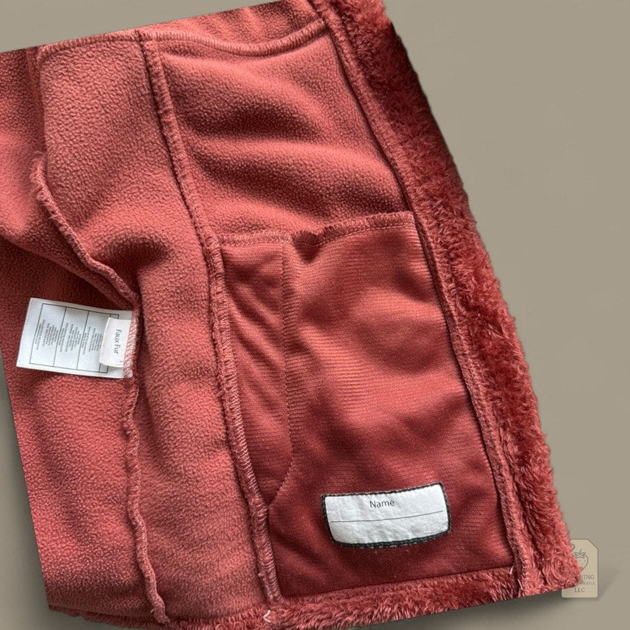 DKNY Sport Girls Faux Fur Hoodie Jacket L 14/16 Coral Rust Zip Front Sherpa Fleece