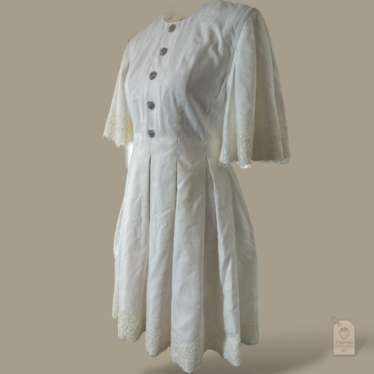 Huishan Zhang White Fit & Flare Dress | Lace Bell Sleeves & Crystal Button Detail | Size 6