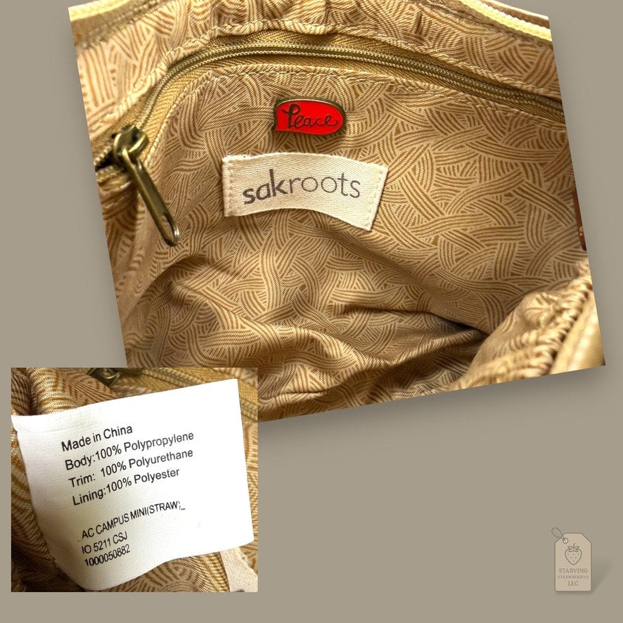 Sakroots Owl Embroidered Straw Crossbody Bag Brown Woven Boho Purse