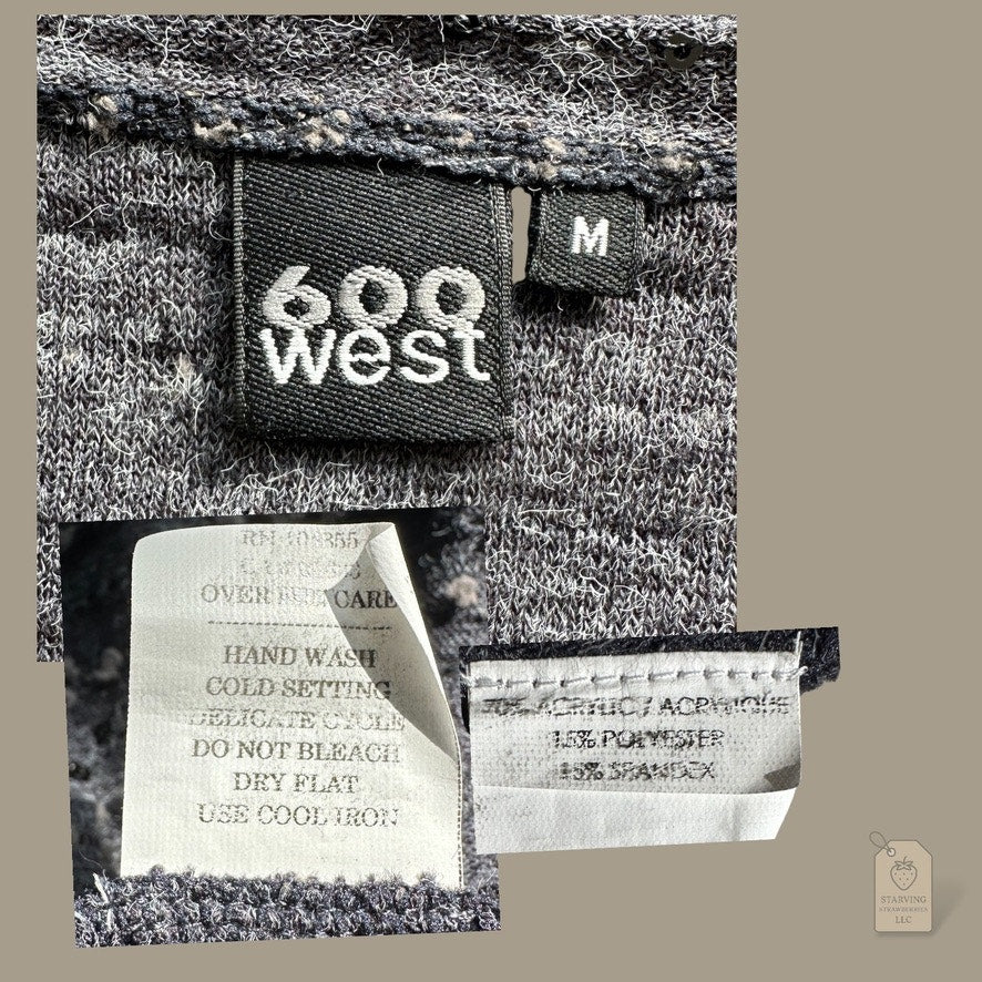 600 West Women’s Open Front Cardigan Sweater Black Gray Sequin Detail Medium