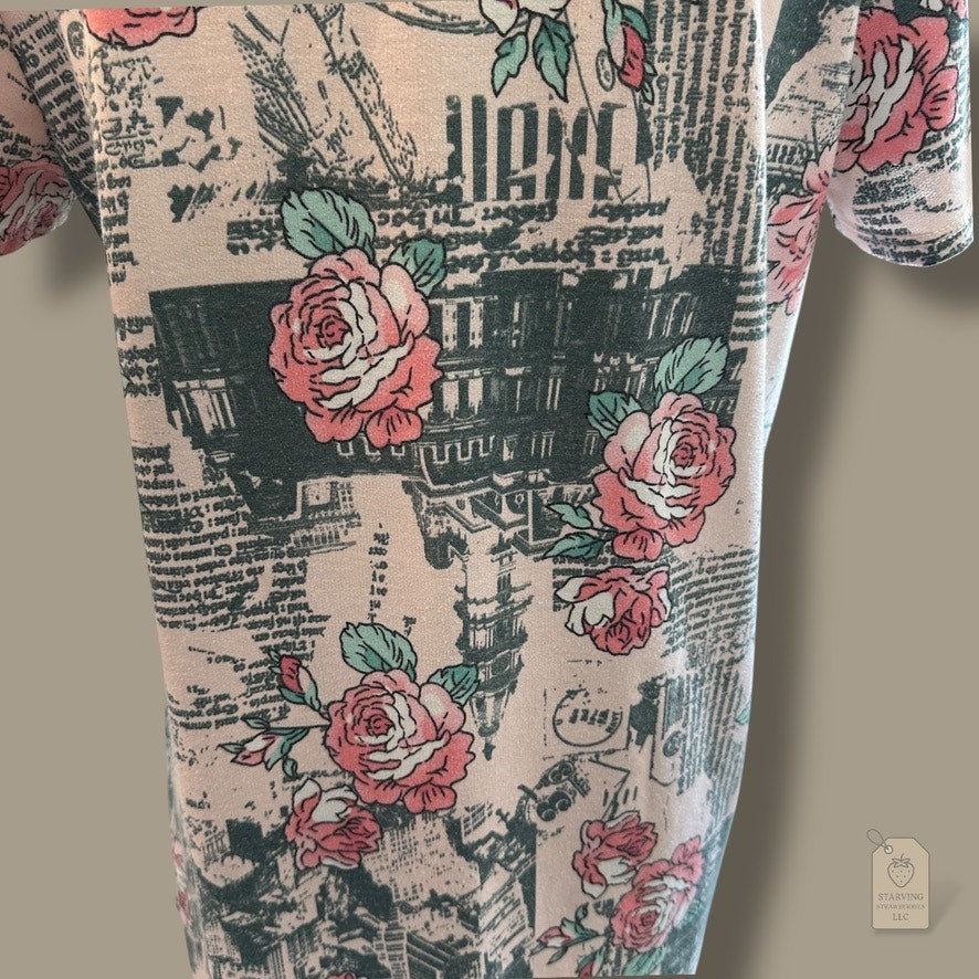 Coco Kelly Floral Newsprint Tunic Top Pink Green Rose Print Made in USA Sz L
