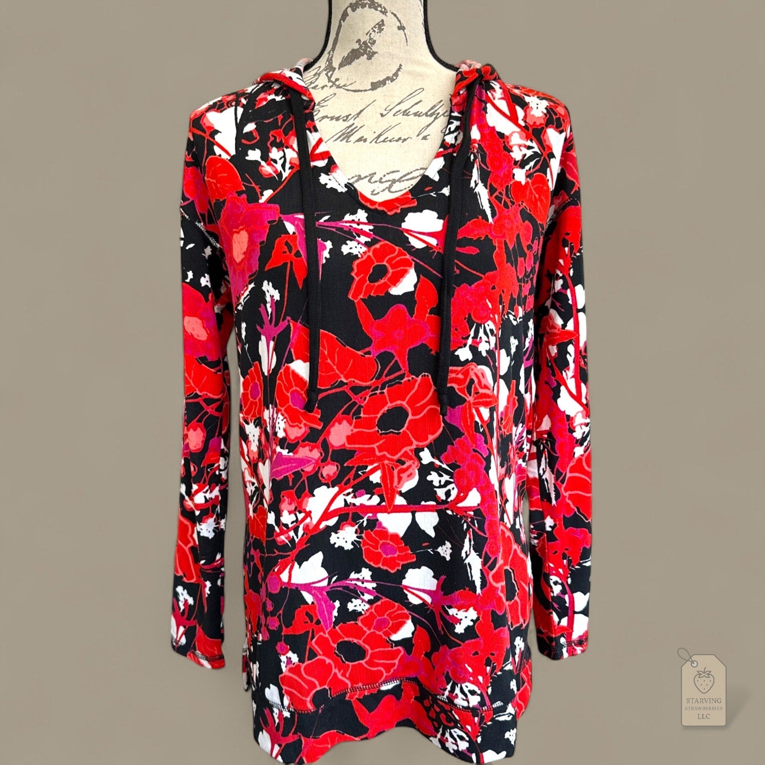 LuLaRoe Eliza Hoodie Sweatshirt Women’s Small Red Black White Floral Print Long Sleeve