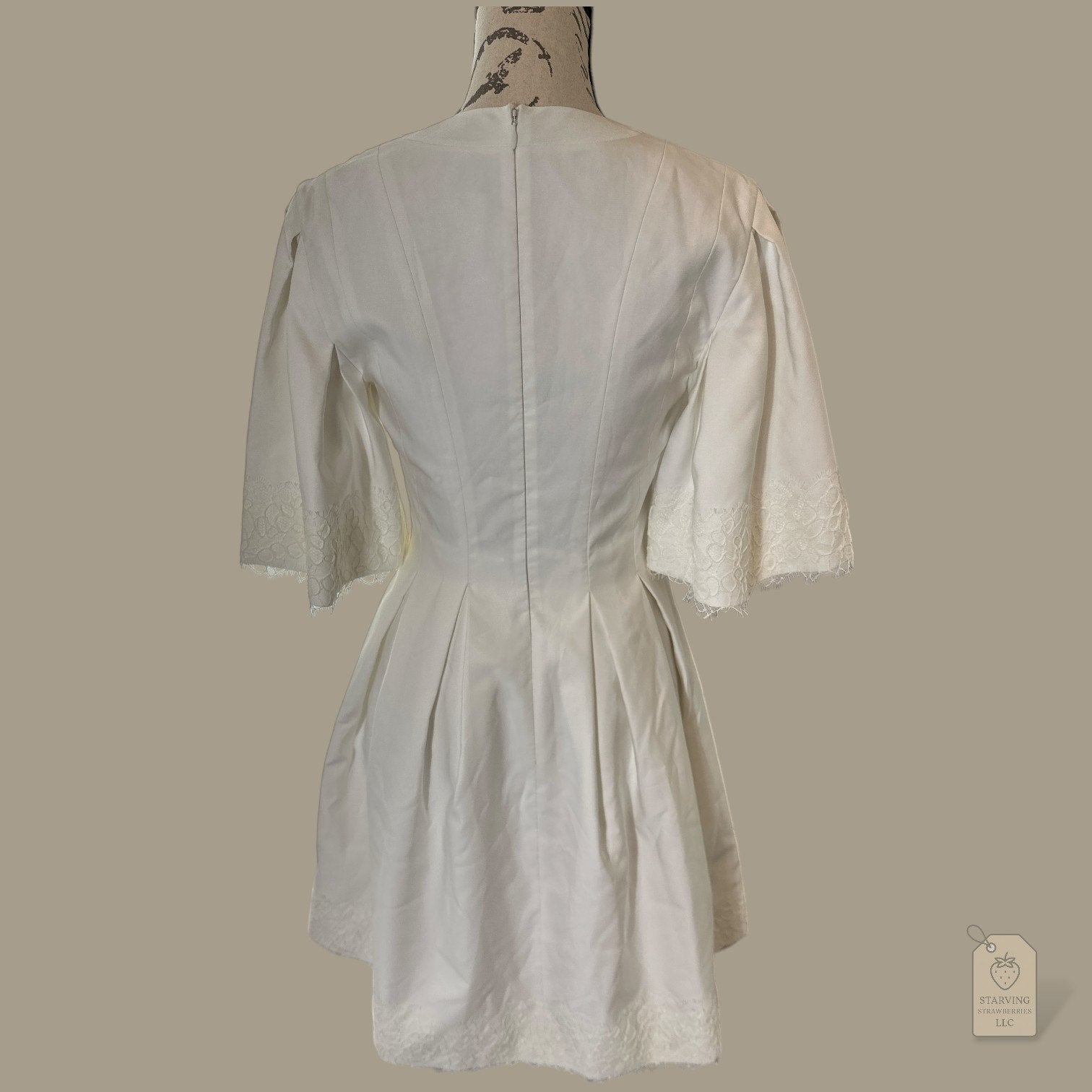 Huishan Zhang White Fit & Flare Dress | Lace Bell Sleeves & Crystal Button Detail | Size 6