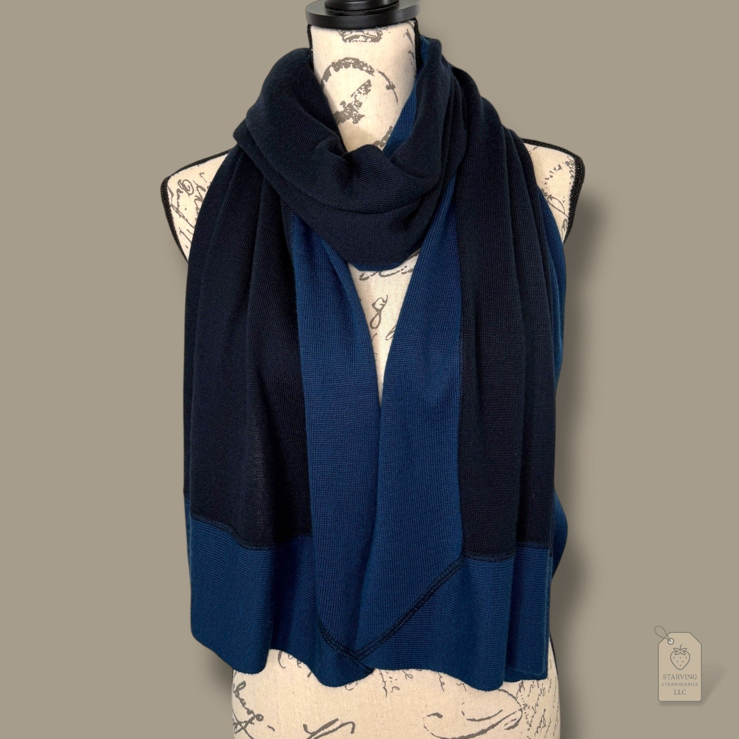 Navy Wool Blend Colorblock Scarf Wrap 21x75