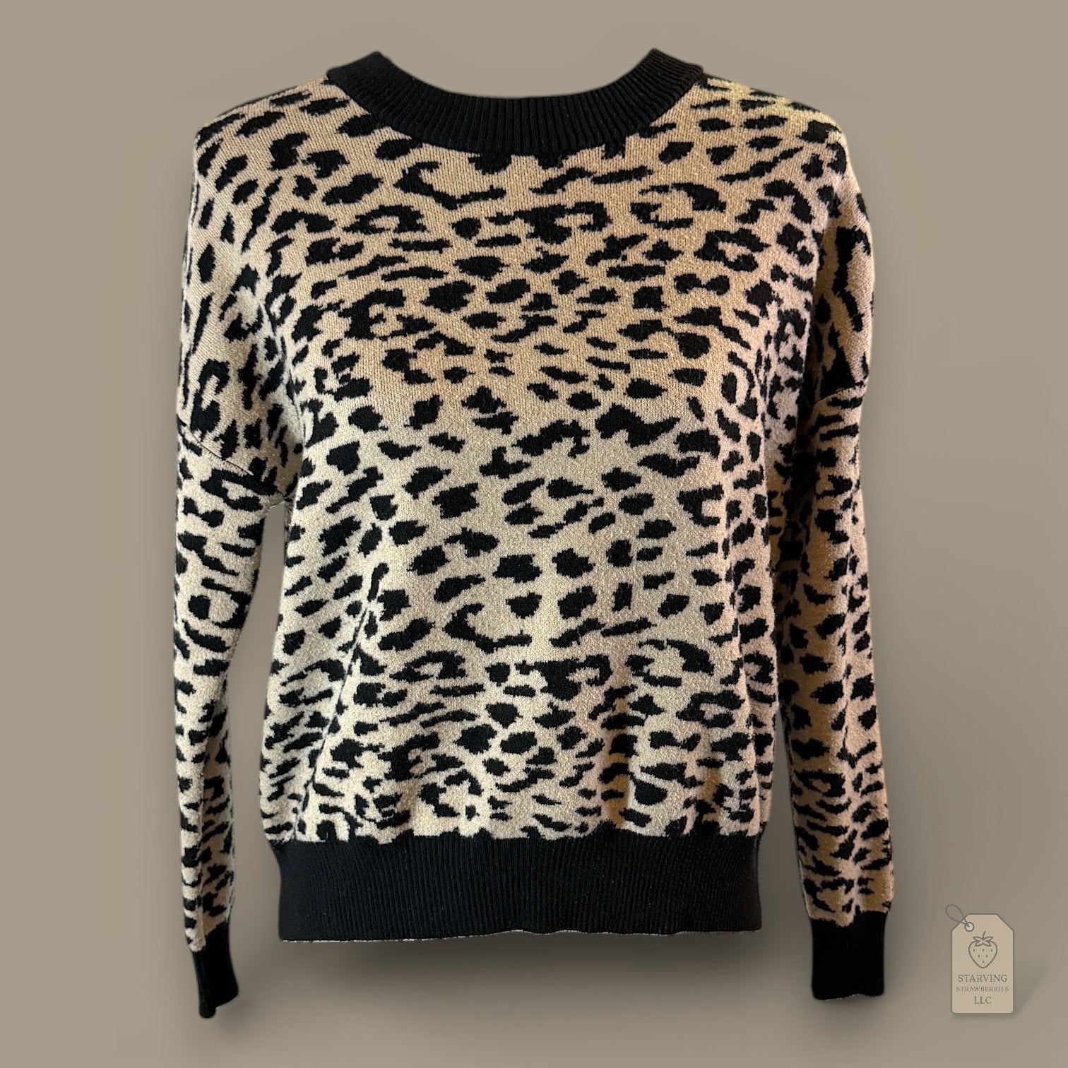 T TAHARI Classic Leopard Print Crew Neck Sweater w/ Ribbed Trim - XS