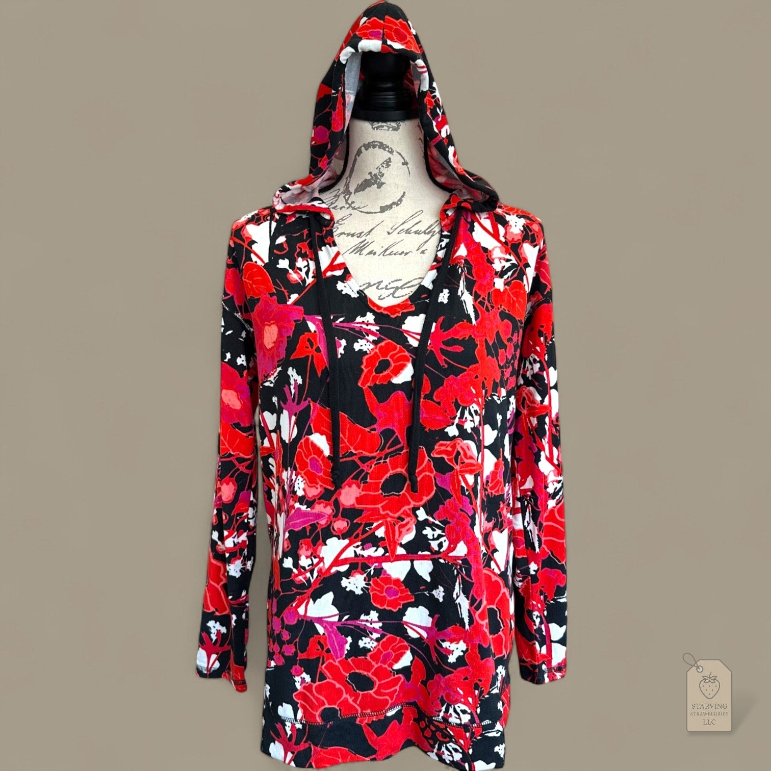 LuLaRoe Eliza Hoodie Sweatshirt Women’s Small Red Black White Floral Print Long Sleeve