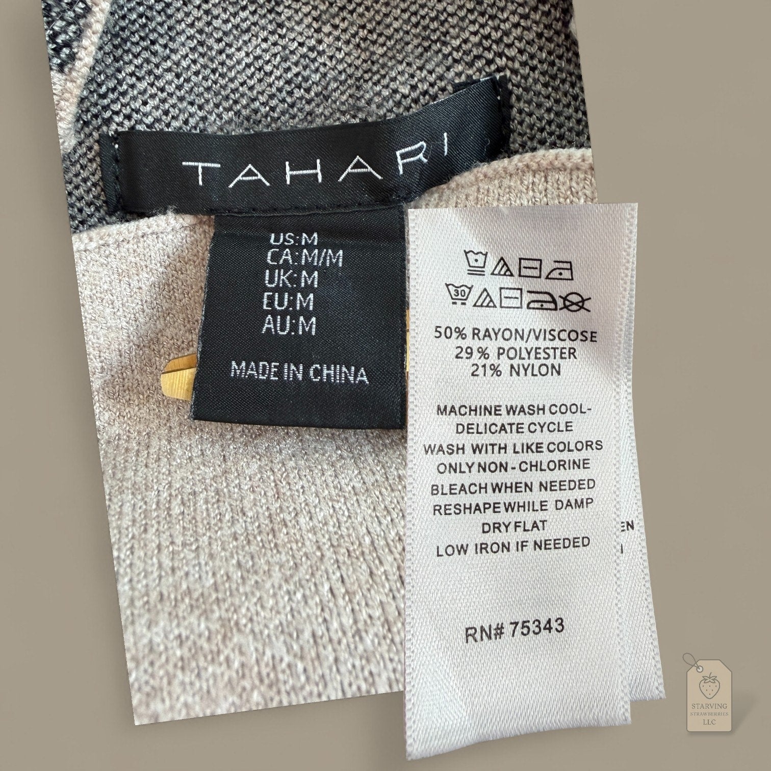Tahari Plaid Mock Neck Sweater Medium Beige Red Black Check Rayon Blend Knit