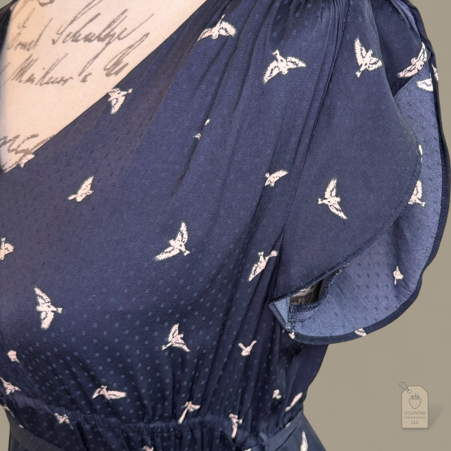 H&M Mama Navy Bird Print Dress | Flutter Sleeve Belted V-Neck | Maternity Small