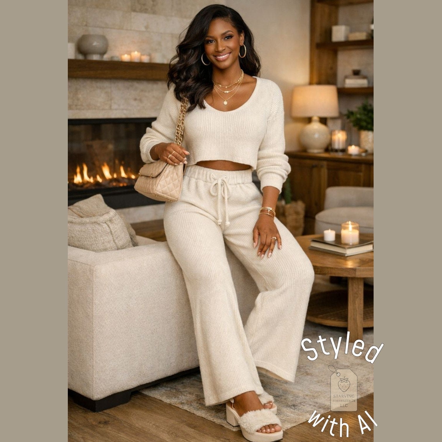 GB Cream Ribbed Knit Wide Leg Pants XS Cozy Lounge High Rise Drawstring