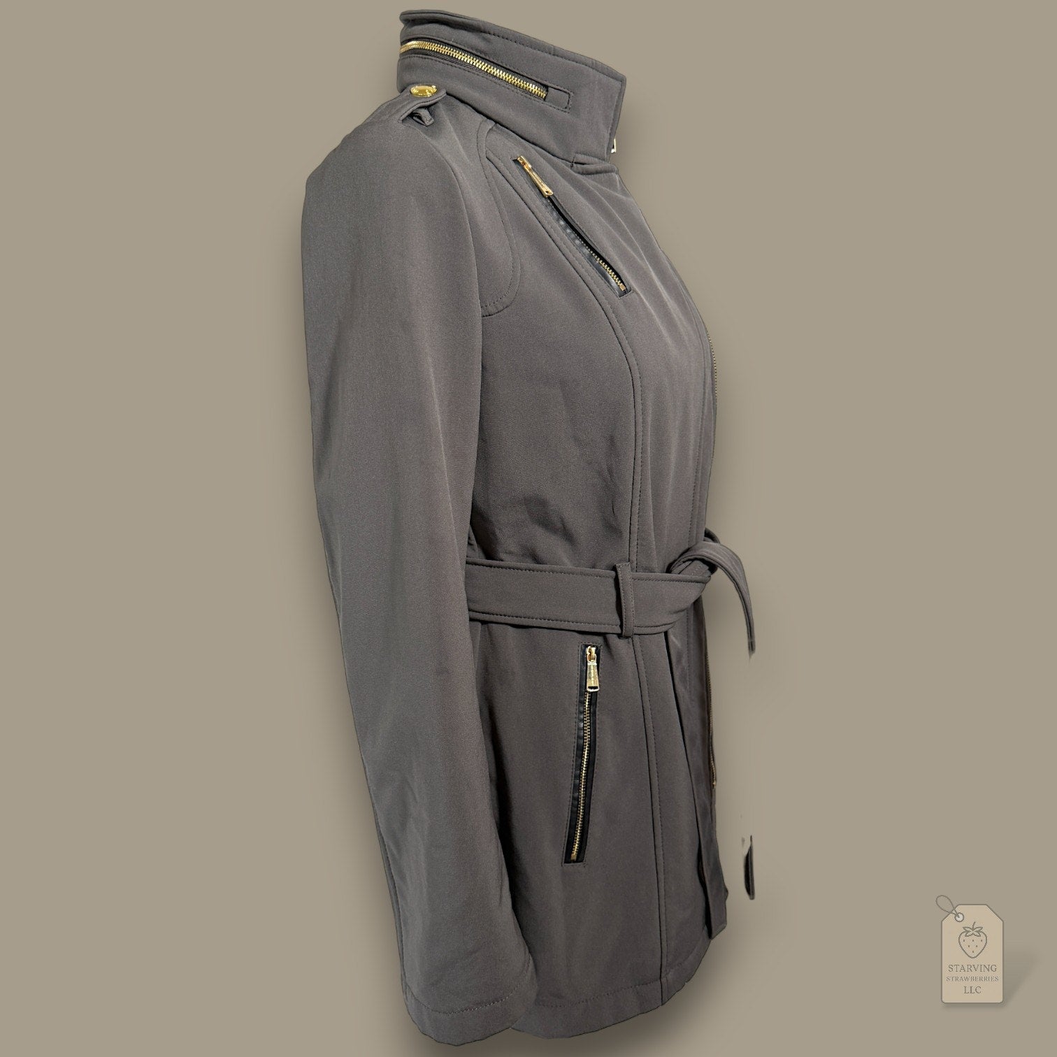 MICHAEL Michael Kors Grey Softshell Trench Coat XS Gold Hardware Faux Fur Lined