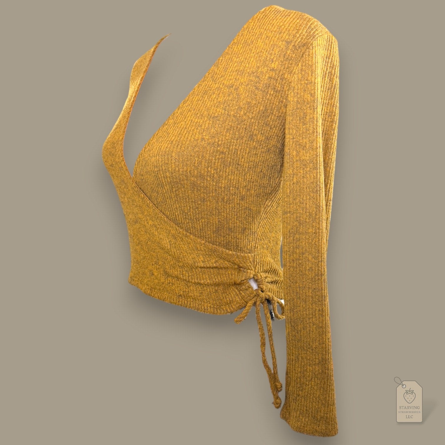 Timing Mustard Ribbed Wrap Deep V Sweater Top Medium
