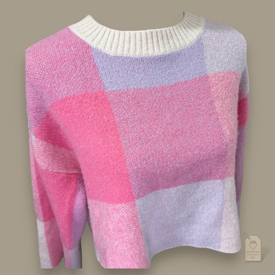 Jessica Simpson Pink & Lavender Plaid Cropped Sweater Women’s XS