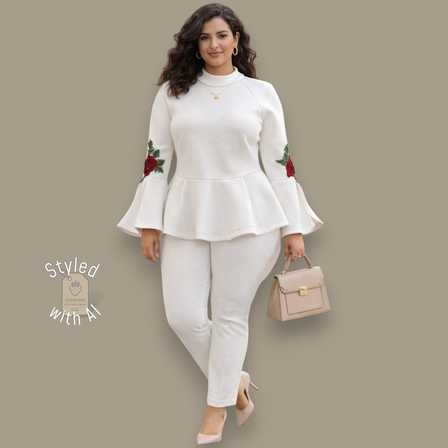 WHY DRESS Classic White Mock Neck Top w/ Rose Embroidery & Bell Sleeves - XL