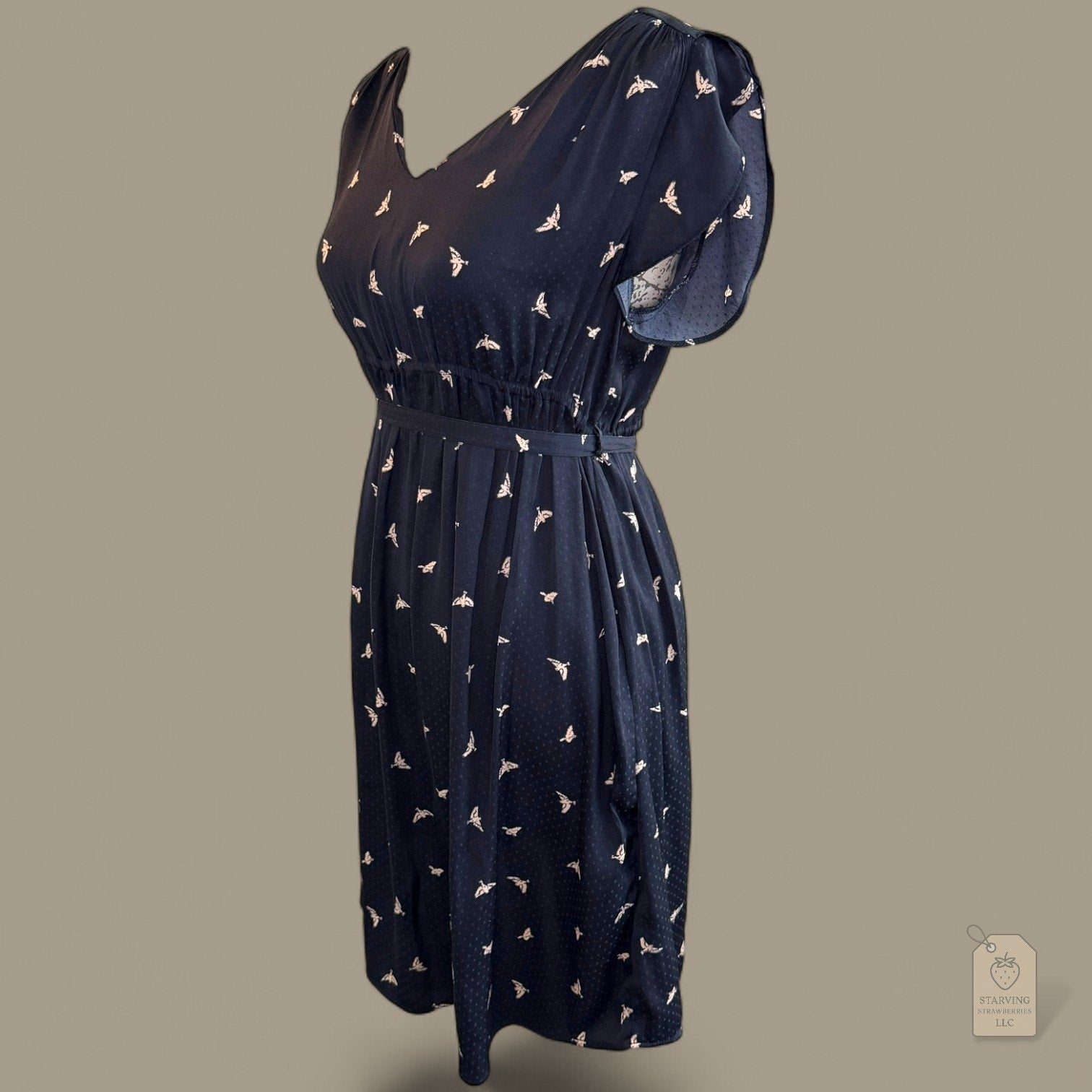 H&M Mama Navy Bird Print Dress | Flutter Sleeve Belted V-Neck | Maternity Small