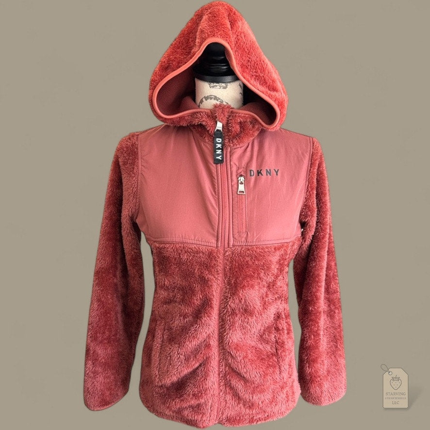 DKNY Sport Girls Faux Fur Hoodie Jacket L 14/16 Coral Rust Zip Front Sherpa Fleece