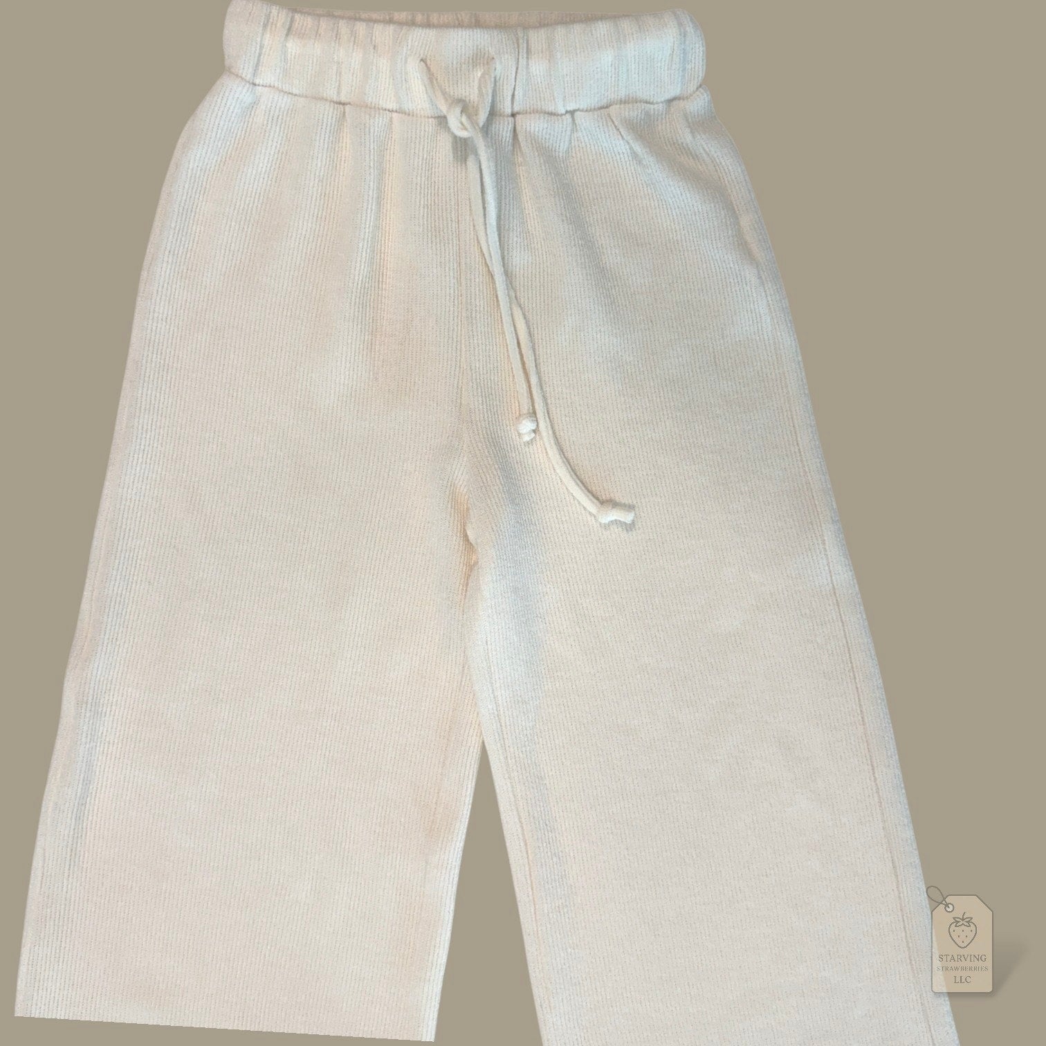GB Cream Ribbed Knit Wide Leg Pants XS Cozy Lounge High Rise Drawstring
