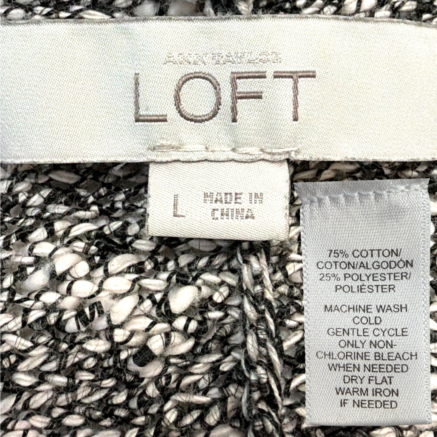 LOFT Marled Open Front Cardigan Sweater Black White Large L Cotton Blend