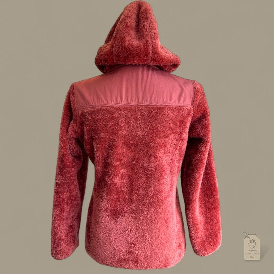 DKNY Sport Girls Faux Fur Hoodie Jacket L 14/16 Coral Rust Zip Front Sherpa Fleece