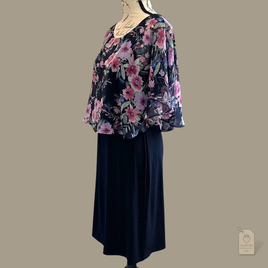 Navy Sheath Dress with Floral Chiffon Cape Overlay Size 6 Special Occasion