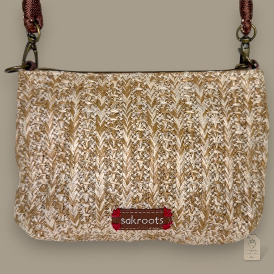Sakroots Owl Embroidered Straw Crossbody Bag Brown Woven Boho Purse