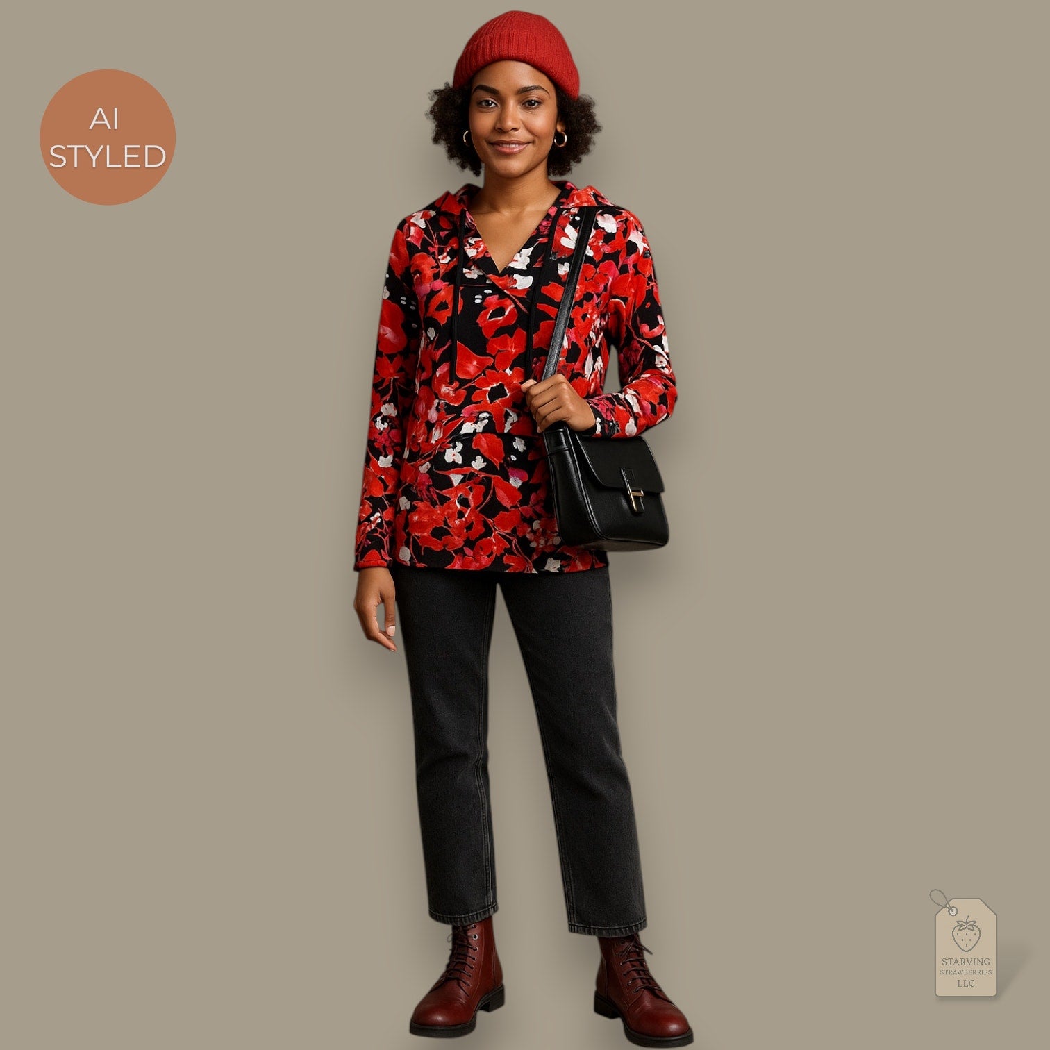 LuLaRoe Eliza Hoodie Sweatshirt Women’s Small Red Black White Floral Print Long Sleeve