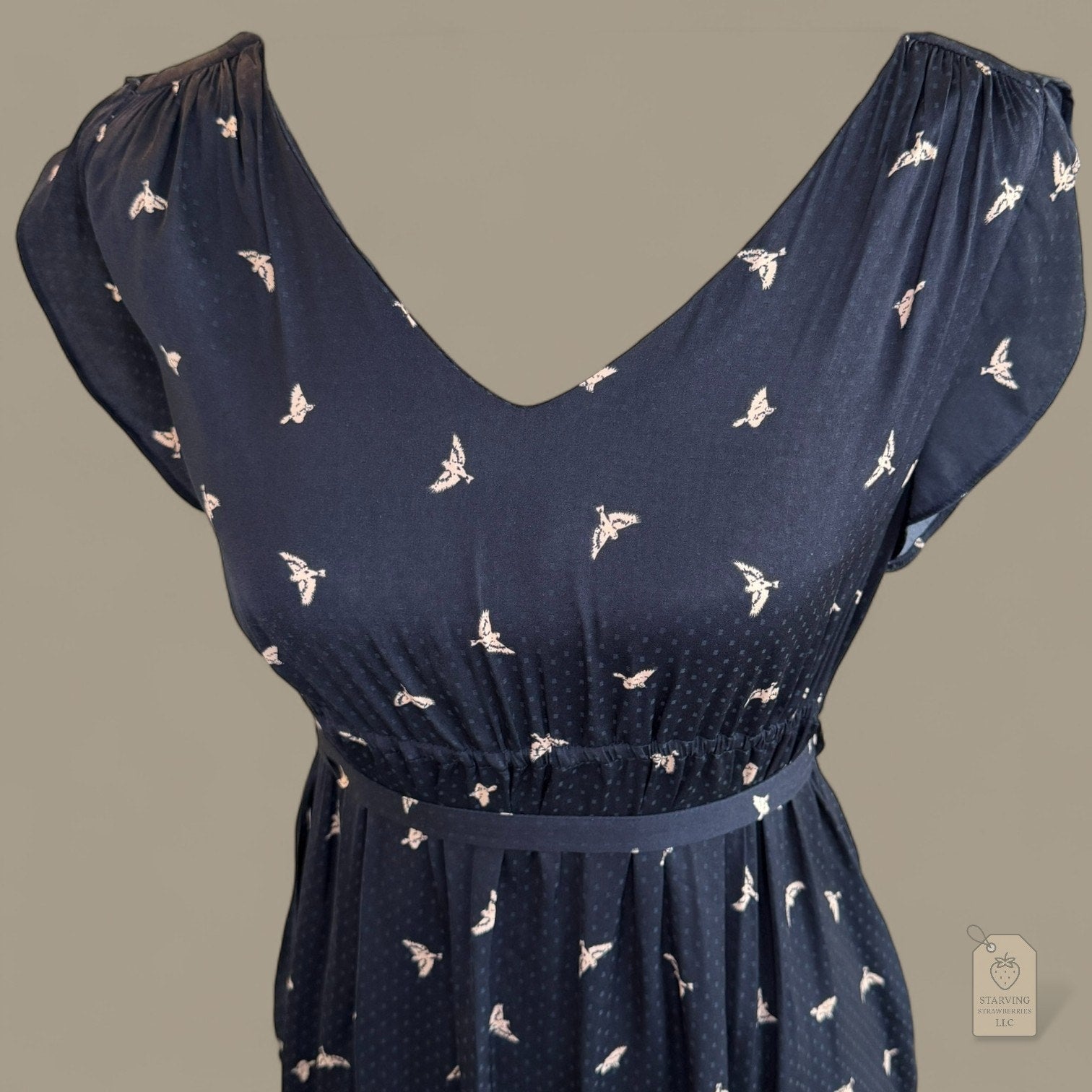 H&M Mama Navy Bird Print Dress | Flutter Sleeve Belted V-Neck | Maternity Small