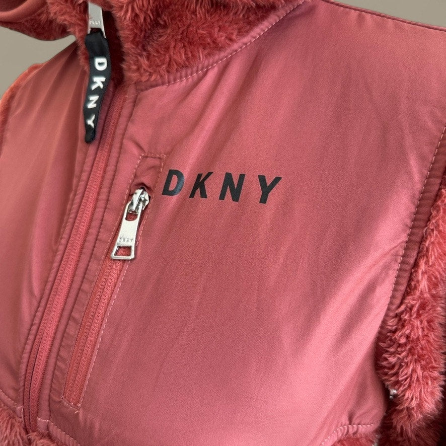 DKNY Sport Girls Faux Fur Hoodie Jacket L 14/16 Coral Rust Zip Front Sherpa Fleece