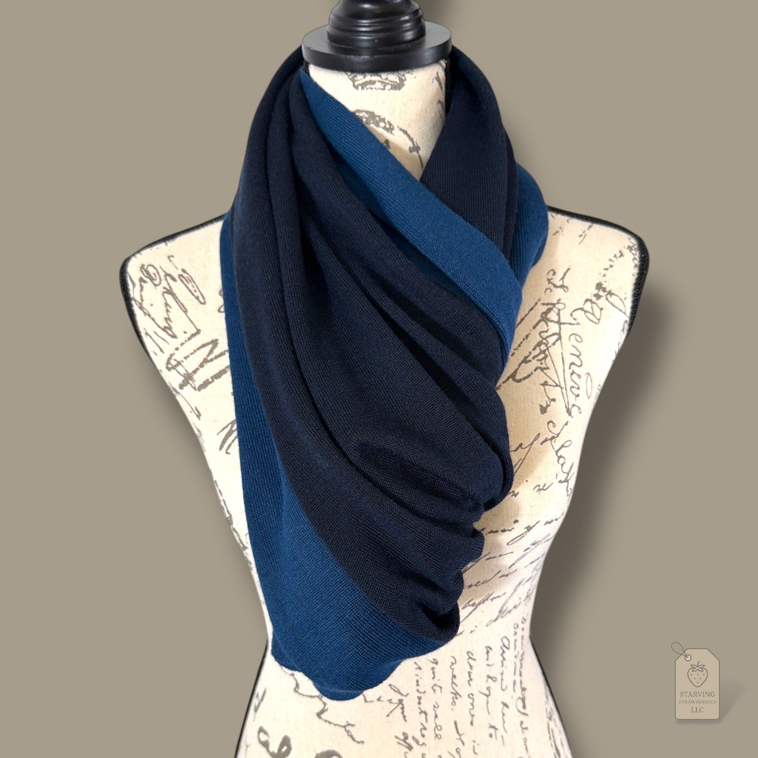 Navy Wool Blend Colorblock Scarf Wrap 21x75
