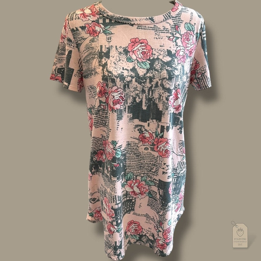 Coco Kelly Floral Newsprint Tunic Top Pink Green Rose Print Made in USA Sz L