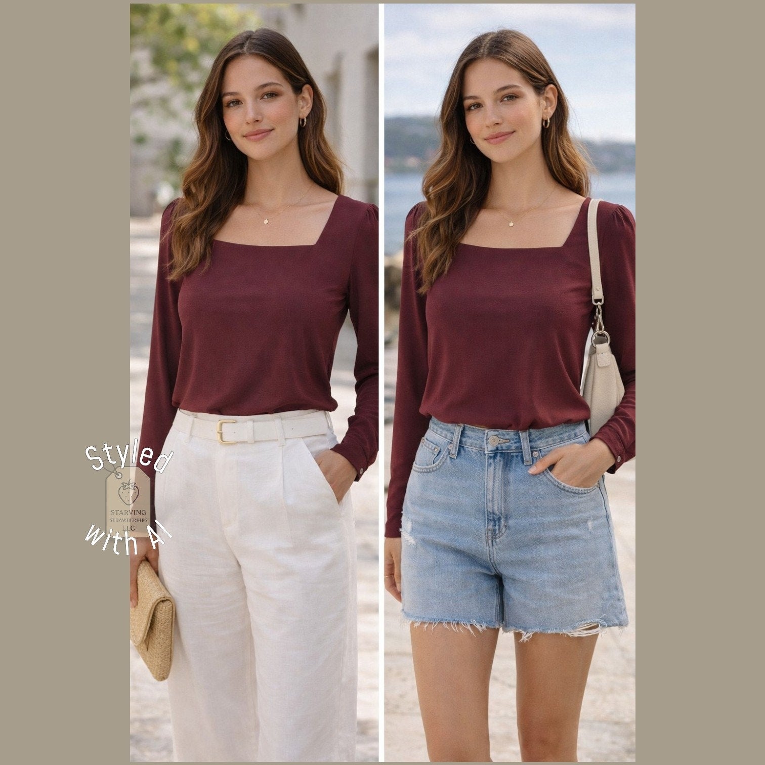 Banana Republic Factory Dark Cherry Crepe Square Neck Top & Button Cuffs