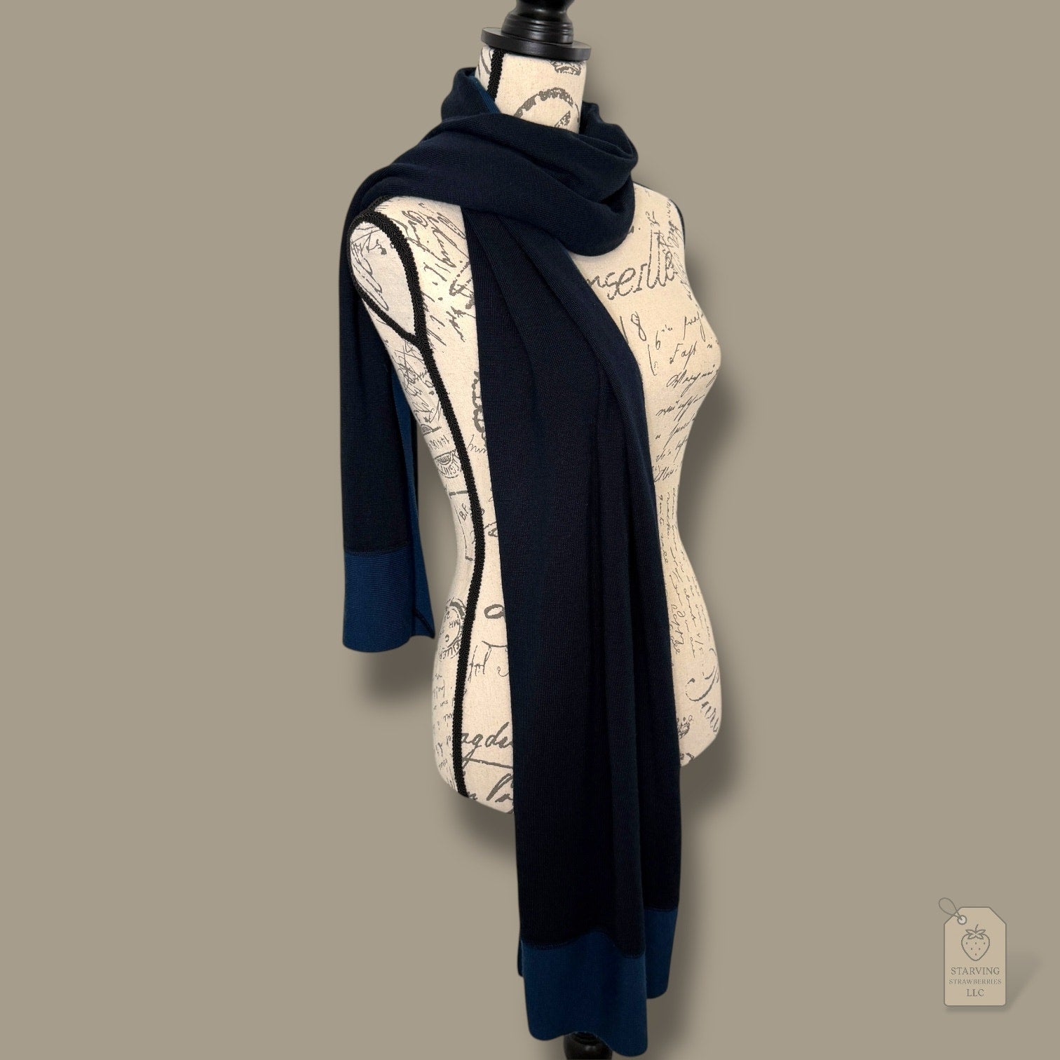 Navy Wool Blend Colorblock Scarf Wrap 21x75