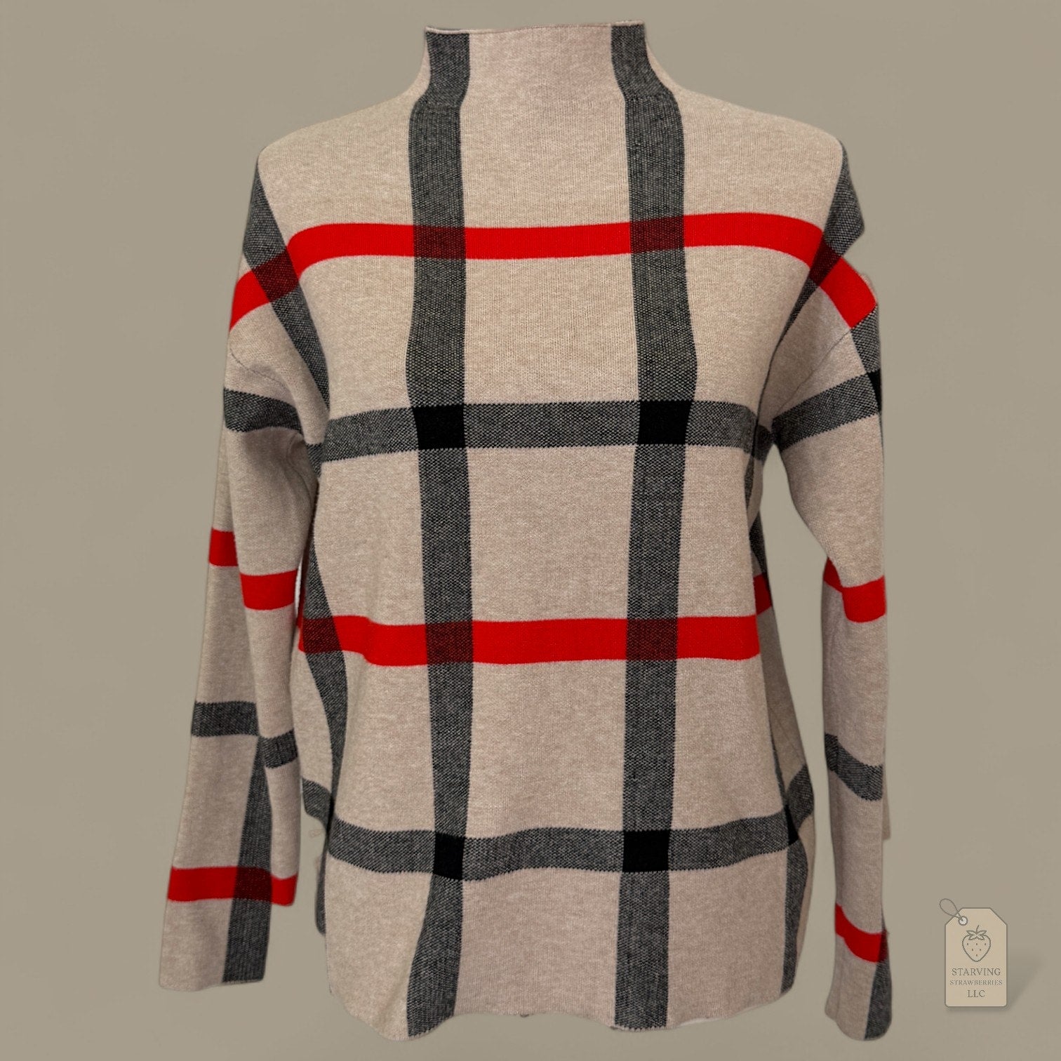 Tahari Plaid Mock Neck Sweater Medium Beige Red Black Check Rayon Blend Knit