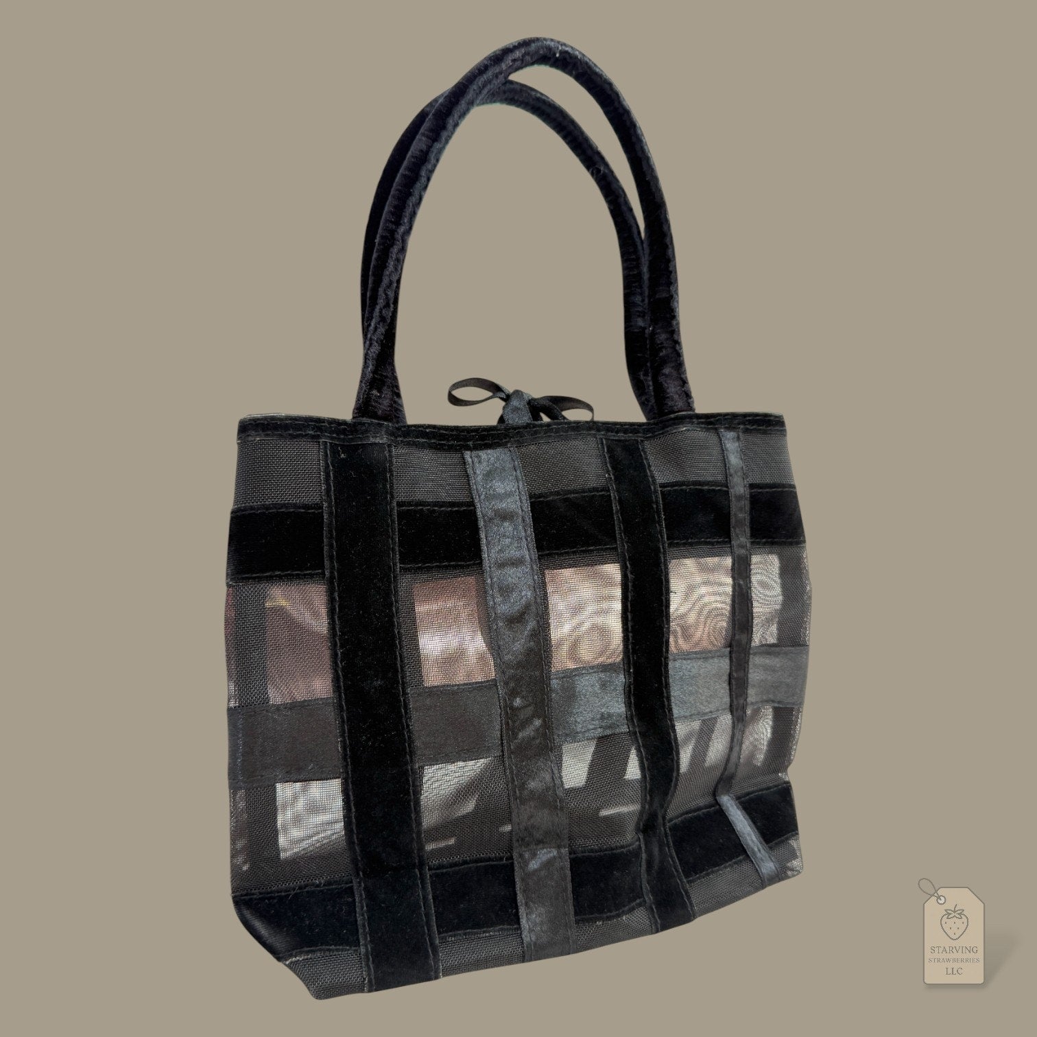 Vintage 90s Victoria's Secret Sheer Mesh & Velvet Ribbon Tote Bag - Black