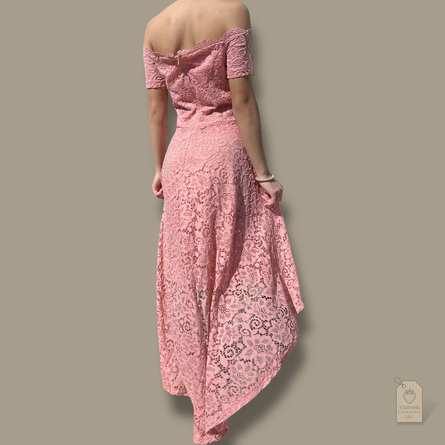 Dressystar Blush Pink Lace Hi-Lo Dress XS Off Shoulder Cocktail Wedding Guest
