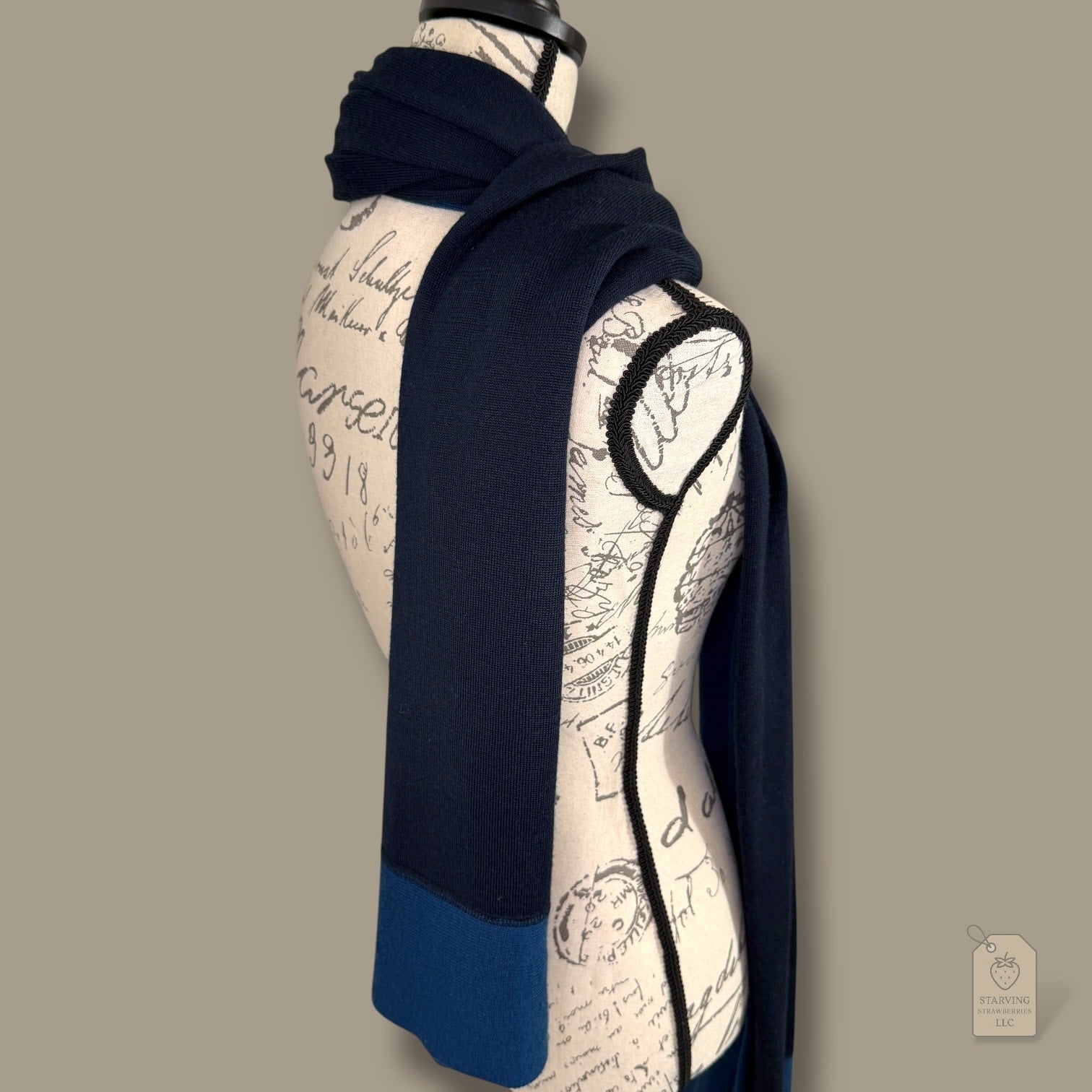 Navy Wool Blend Colorblock Scarf Wrap 21x75