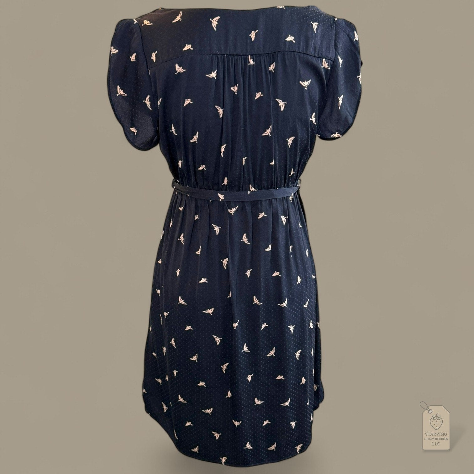 H&M Mama Navy Bird Print Dress | Flutter Sleeve Belted V-Neck | Maternity Small