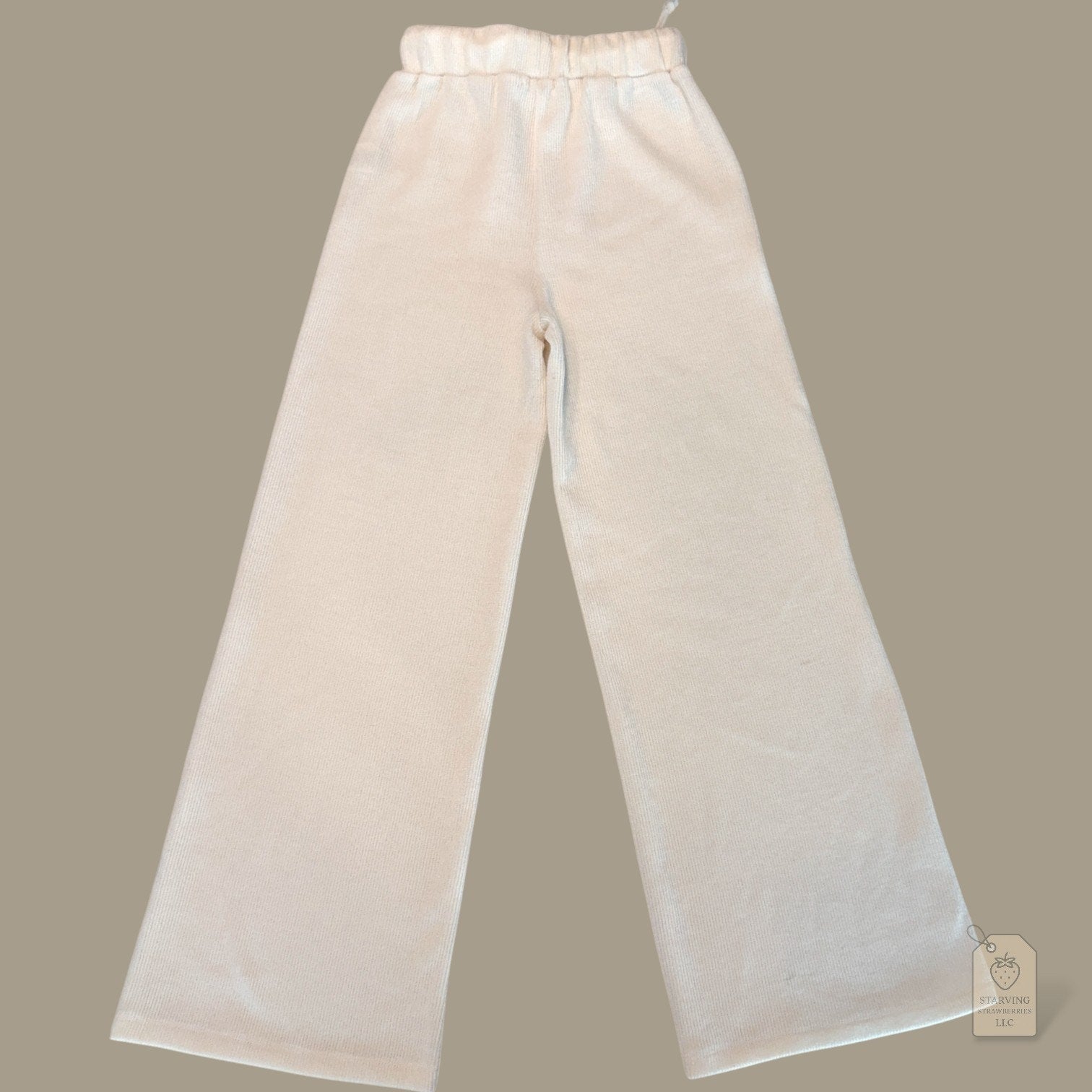 GB Cream Ribbed Knit Wide Leg Pants XS Cozy Lounge High Rise Drawstring